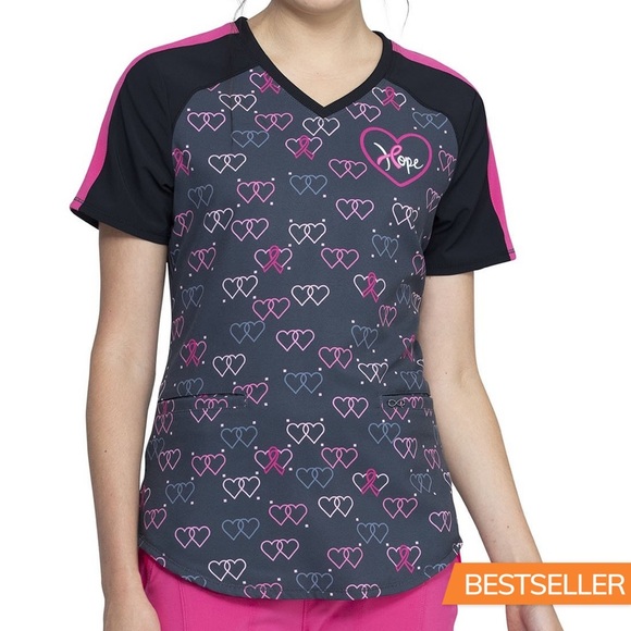 Cherokee Infinity Women's Heart Pattern Scrub Top - Black and Pink X-Large - Picture 1 of 5